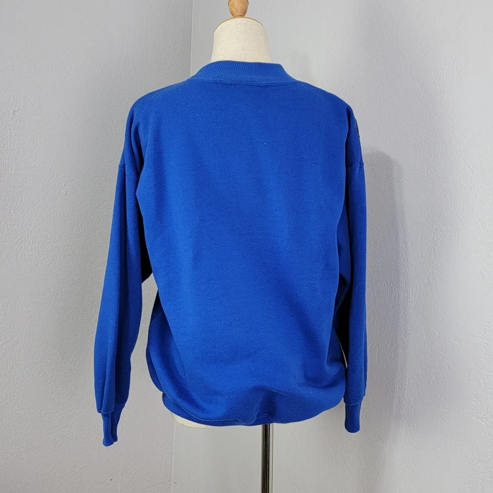 Vintage 80s Extravagannza Mock Neck Abstract Royal Blue Sweatshirt Size Large - Picture 9 of 17